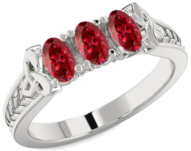 Ruby Platinum Celtic Trinity knot Irish Oval Three Stone Ring