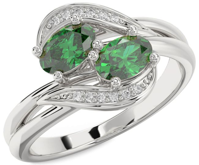 Diamond Emerald Platinum Oval Two Stone Birthstone Ring