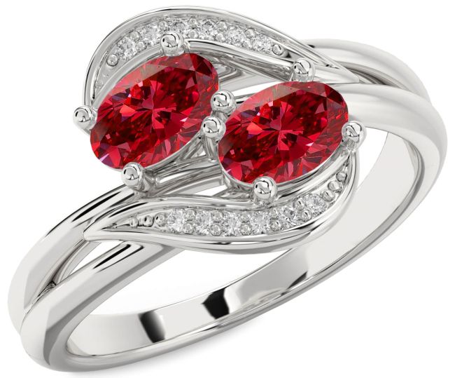 Diamond Ruby Platinum Oval Two Stone Birthstone Ring