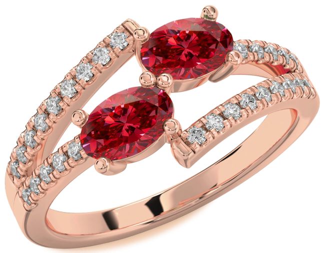 Diamond Ruby Rose Gold Silver Oval Two Stone Birthstone Ring