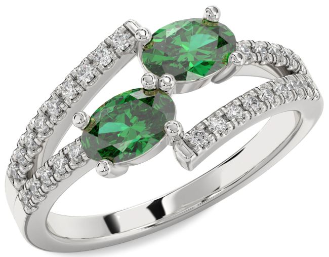 Diamond Emerald White Gold Oval Two Stone Birthstone Ring