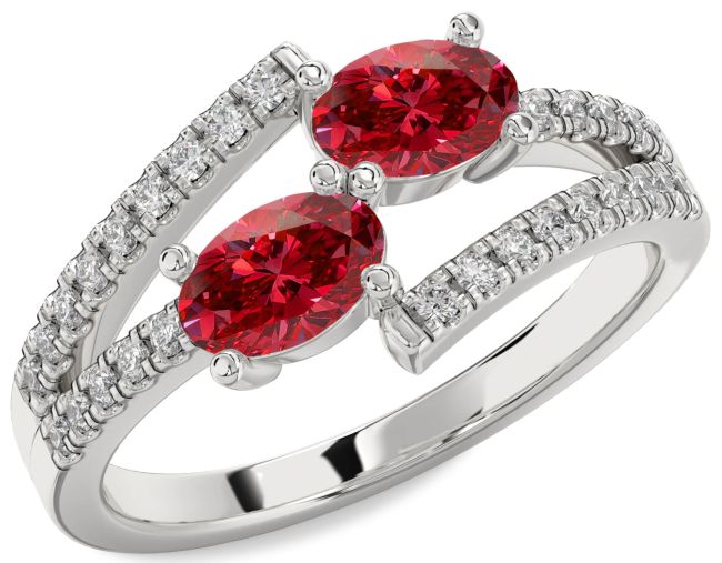 Diamond Ruby White Gold Oval Two Stone Birthstone Ring