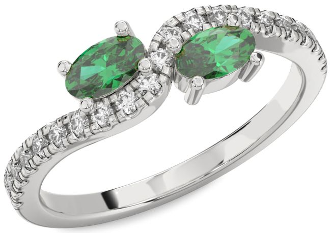 Diamond Emerald Silver Oval Two Stone Birthstone Ring