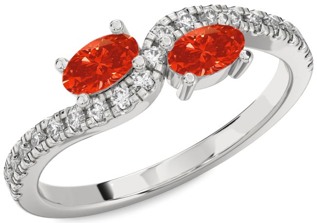 Diamond Fire Opal Platinum Oval Two Stone Ring