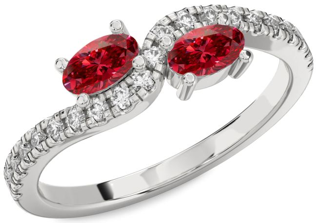 Diamond Ruby Platinum Oval Two Stone Birthstone Ring
