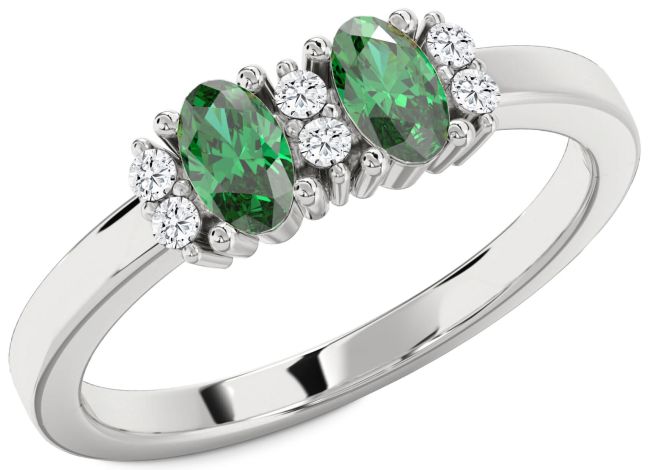 Diamond Emerald Silver Oval Two Stone Birthstone Ring