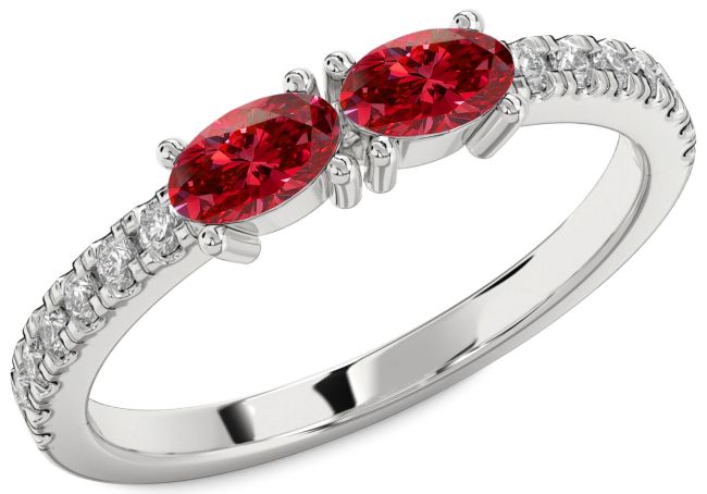 Diamond Ruby Silver Oval Two Stone Birthstone Ring