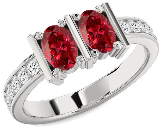 Diamond Ruby Silver Oval Two Stone Birthstone Ring