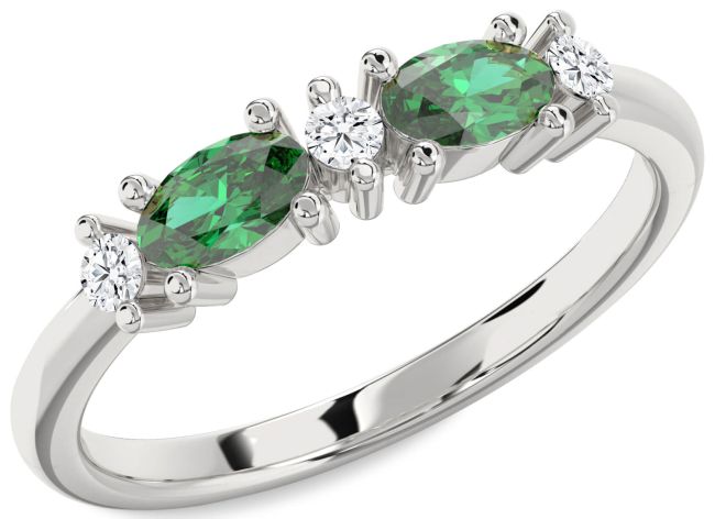 Diamond Emerald Silver Oval Two Stone Birthstone Ring