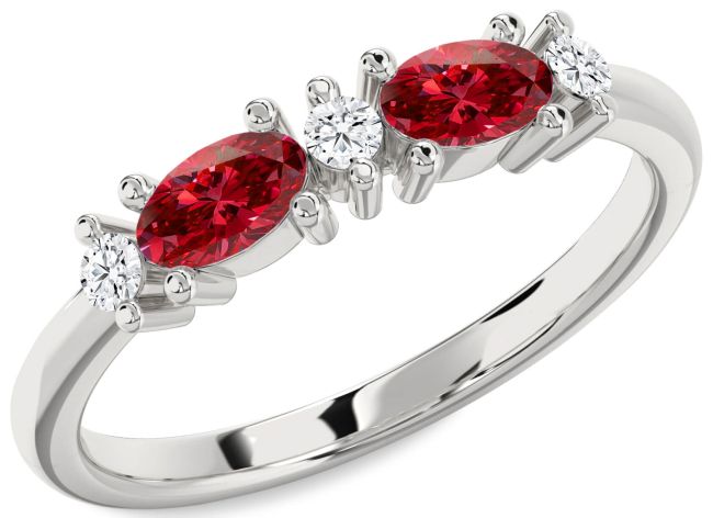 Diamond Ruby Silver Oval Two Stone Birthstone Ring