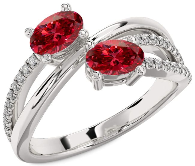 Diamond Ruby Silver Oval Two Stone Birthstone Ring