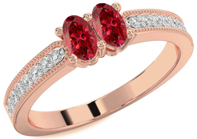 Diamond Ruby Rose Gold Oval Two Stone Birthstone Ring