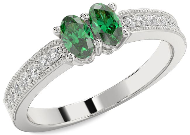 Diamond Emerald Silver Oval Two Stone Birthstone Ring
