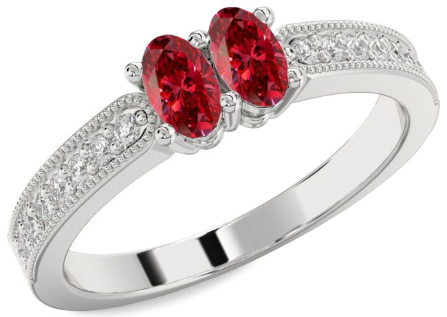 Diamond Ruby Silver Oval Two Stone Birthstone Ring