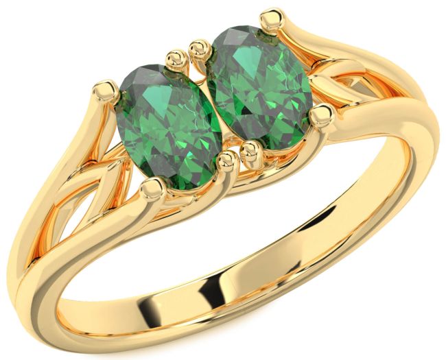 Emerald Gold Silver Oval Two Stone Birthstone Ring