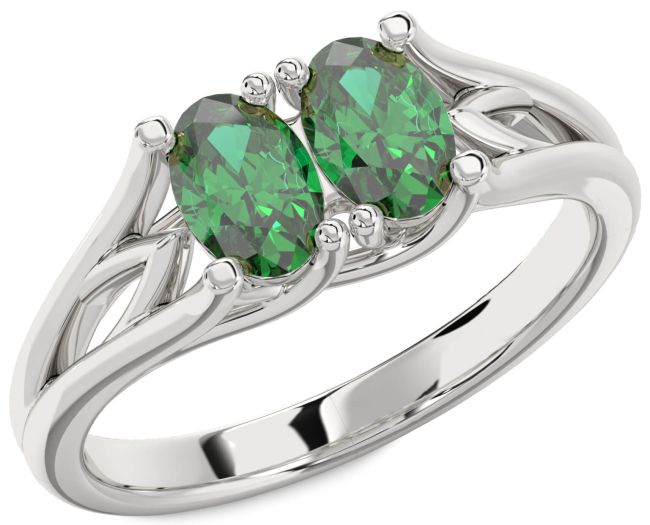 Emerald Silver Oval Two Stone Birthstone Ring