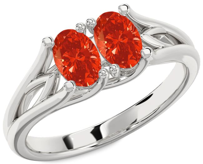 Fire Opal Platinum Oval Two Stone Ring
