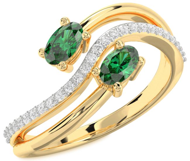 Diamond Emerald Gold Oval Two Stone Birthstone Ring