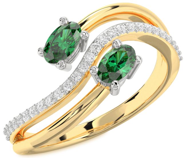 Diamond Emerald Gold Silver Oval Two Stone Birthstone Ring