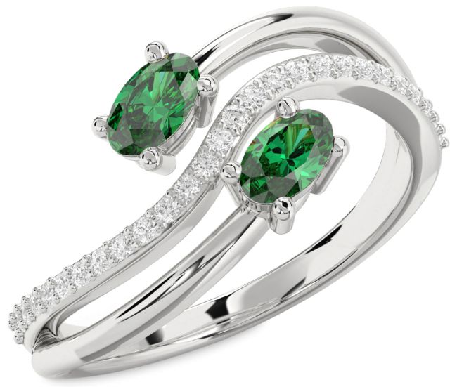 Diamond Emerald Silver Oval Two Stone Birthstone Ring