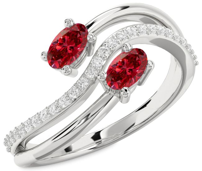 Diamond Ruby Silver Oval Two Stone Birthstone Ring