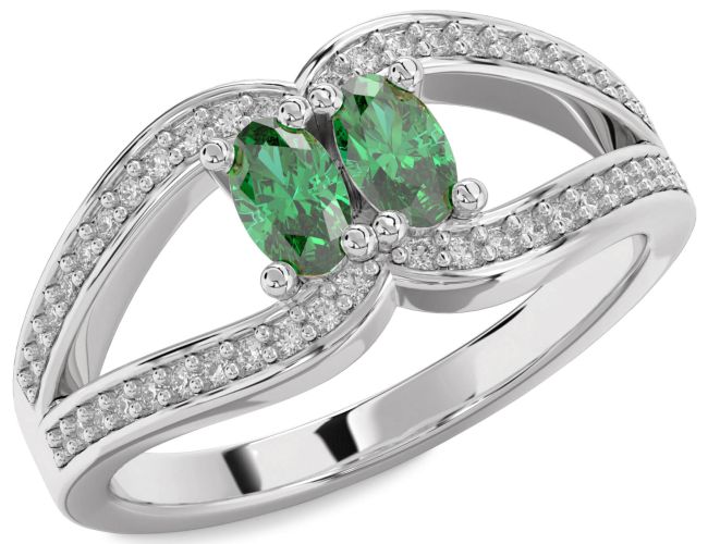 Diamond Emerald Silver Oval Two Stone Birthstone Ring