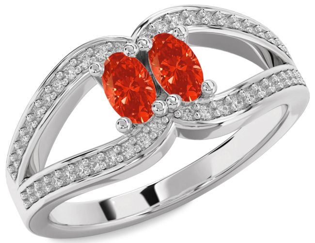 Diamond Fire Opal Platinum Oval Two Stone Ring
