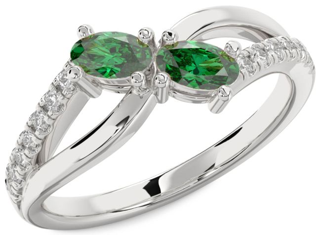 Diamond Emerald Silver Infinity Oval Two Stone Birthstone Ring