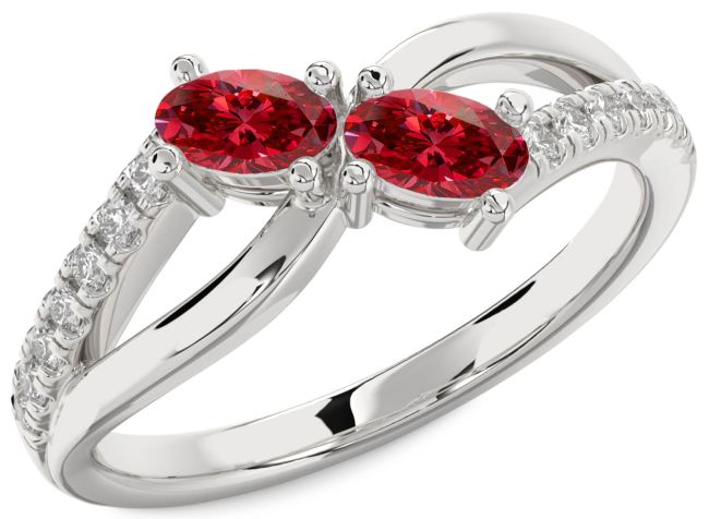 Diamond Ruby Silver Infinity Oval Two Stone Birthstone Ring
