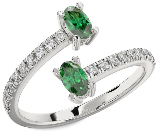 Diamond Emerald Silver Oval Two Stone Birthstone Ring