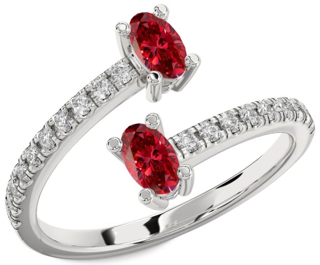 Diamond Ruby Silver Oval Two Stone Birthstone Ring