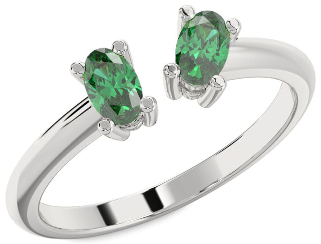 Emerald Silver Oval Two Stone Birthstone Ring