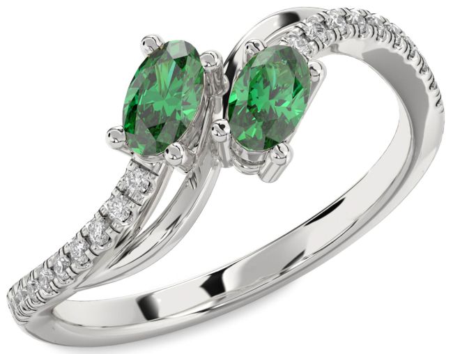 Diamond Emerald Silver Oval Two Stone Birthstone Ring