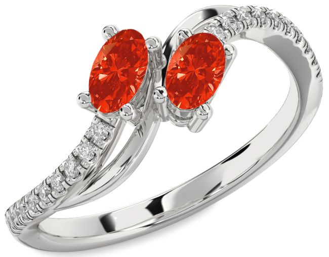 Diamond Fire Opal Silver Oval Two Stone Ring