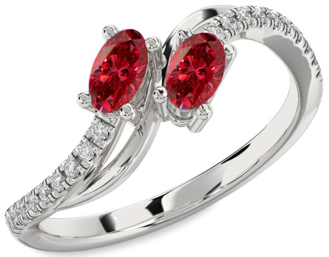 Diamond Ruby Silver Oval Two Stone Birthstone Ring