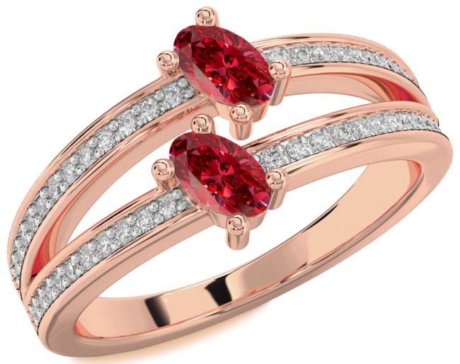 Diamond Ruby Rose Gold Silver Oval Two Stone Birthstone Ring