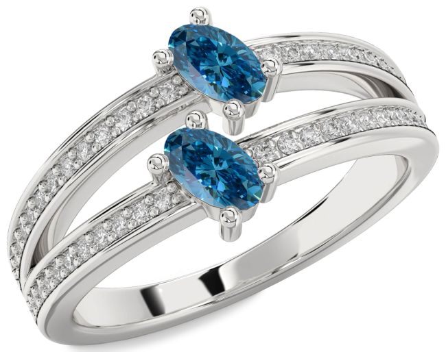 Blue Diamond Silver Oval Two Stone Ring