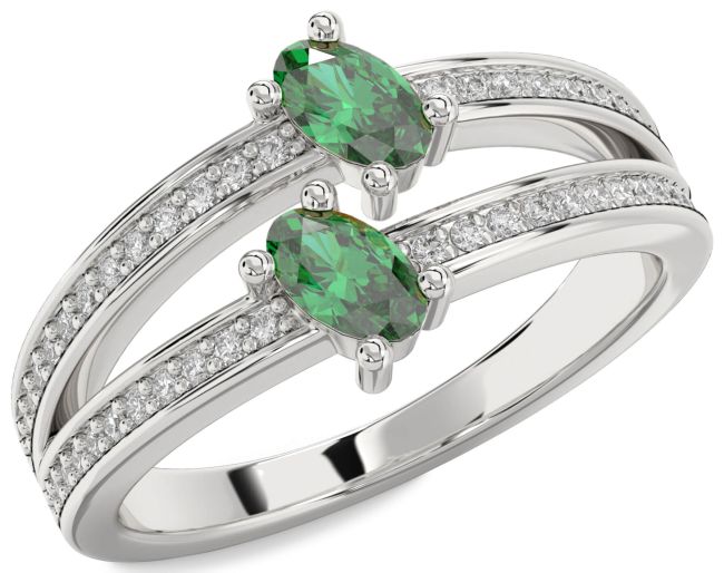 Diamond Emerald Silver Oval Two Stone Birthstone Ring