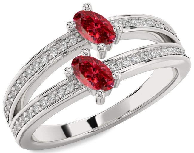 Diamond Ruby Silver Oval Two Stone Birthstone Ring