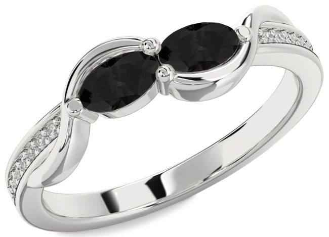 Black Diamond Silver Oval Two Stone Ring