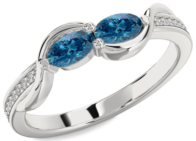 Blue Diamond Silver Oval Two Stone Ring