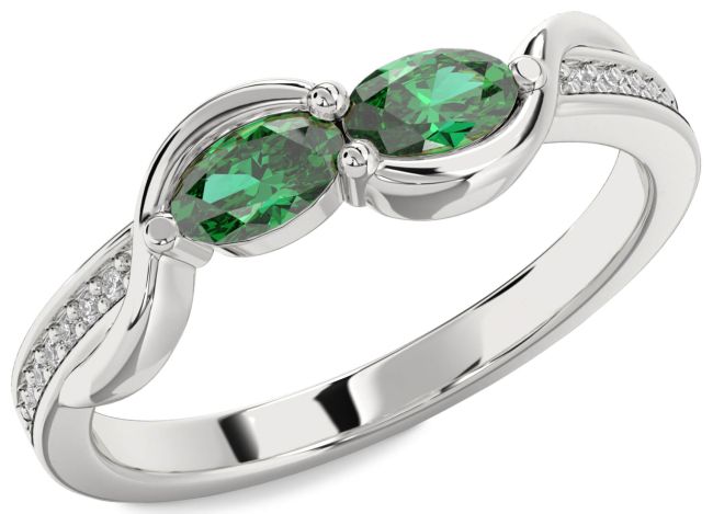 Diamond Emerald Platinum Oval Two Stone Birthstone Ring