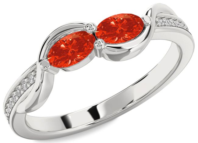 Diamond Fire Opal Silver Oval Two Stone Ring