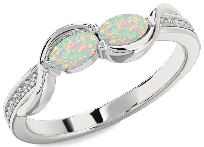 Diamond Opal Silver Oval Two Stone Birthstone Ring