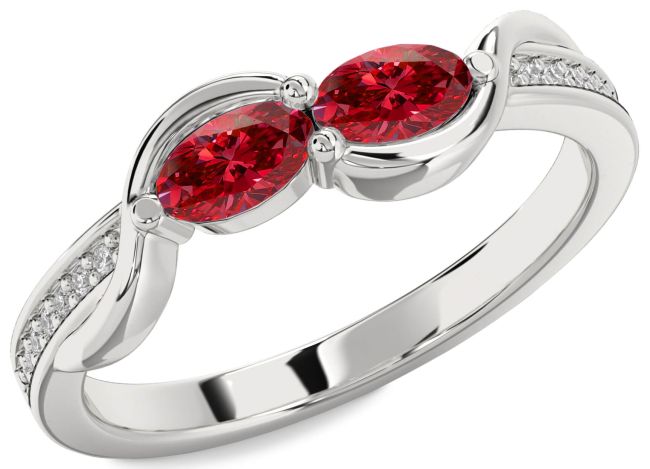 Diamond Ruby Silver Oval Two Stone Birthstone Ring