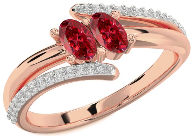 Diamond Ruby Rose Gold Oval Two Stone Birthstone Ring