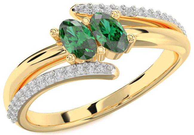 Diamond Emerald Gold Silver Oval Two Stone Birthstone Ring