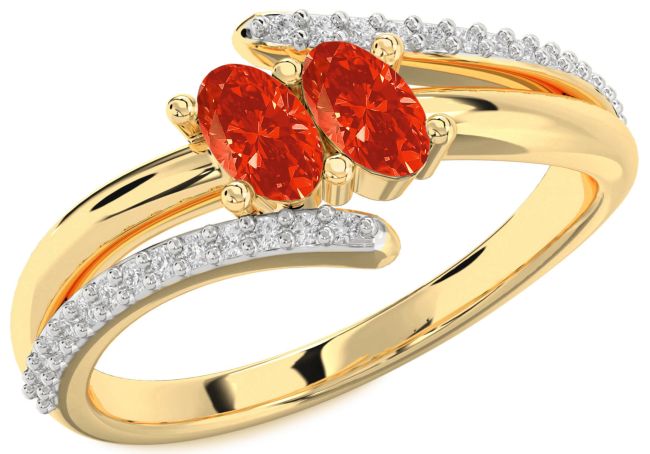 Diamond Fire Opal Gold Silver Oval Two Stone Ring