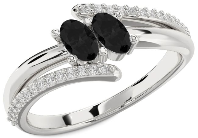 Black Diamond Silver Oval Two Stone Ring
