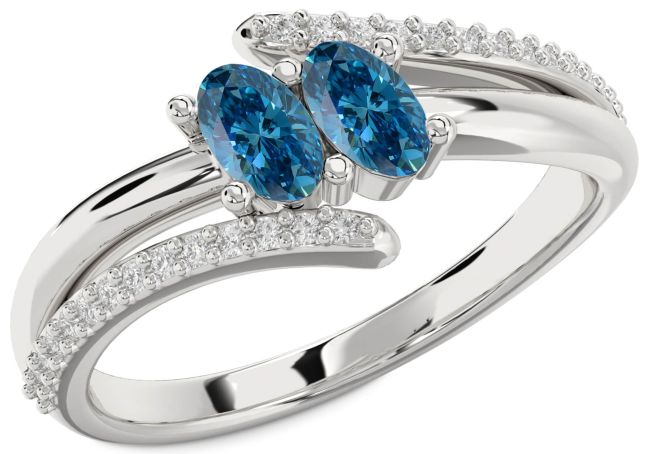 Blue Diamond Silver Oval Two Stone Ring